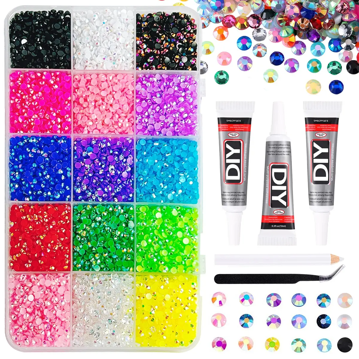 1Box 15 Colors Shinny AB Nail Rhinestones Bedazzling Kit Multi Sized Hot Selling Bling Rhinestone Nail Charms DIY Clothing Hairpin Nails Accessories Nail Decoration Supplies Nail Gems