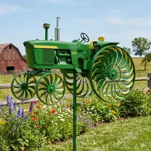 Garden Windmill Turntable - Green tractor-shaped windmill pile with rotating wheel, suitable for courtyard, courtyard, garden, unique outdoor sculpture decoration, is the perfect gift for relatives and friends