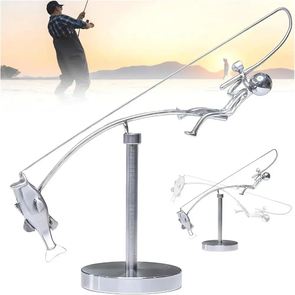 Fisherman Balance Sculpture Dynamic Fishing Statue, Artistic Fishing Rod Balancing Decor, Desktop Metal Craft, Perfect Gift for Fishing Enthusiasts