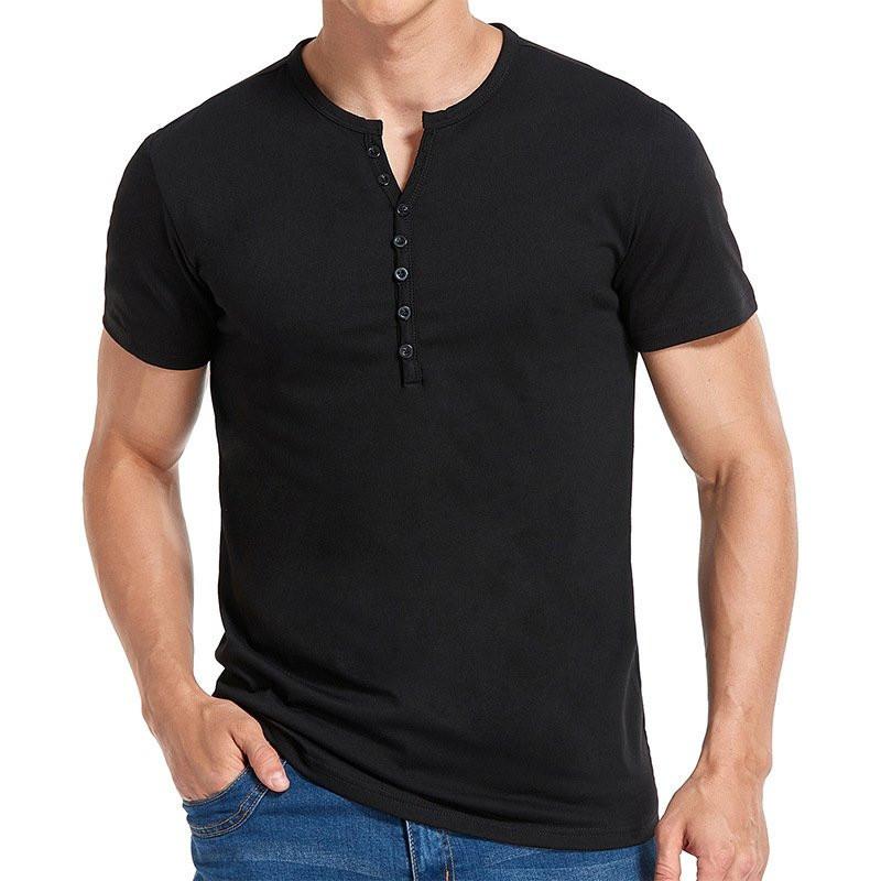 Summer Men's Henley Shirt Short Sleeve Solid Color Button T-Shirt Top