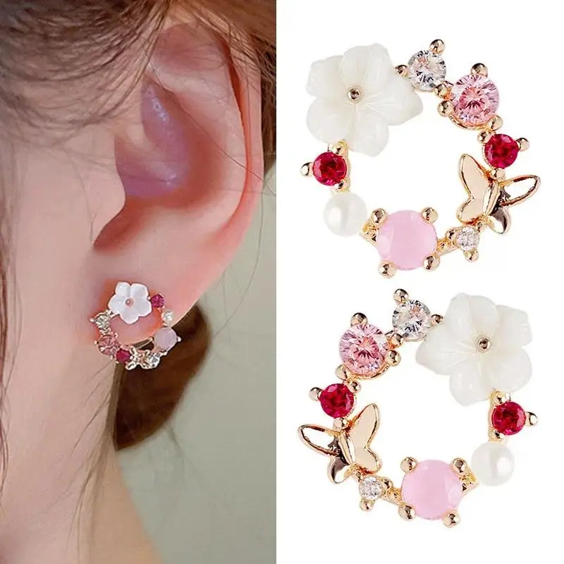 925 Silver Needle Crystal Pearl Butterfly Flower Wreath Earrings For Women Jewelry 2026 Trending Women's Korean Fashion Earrings