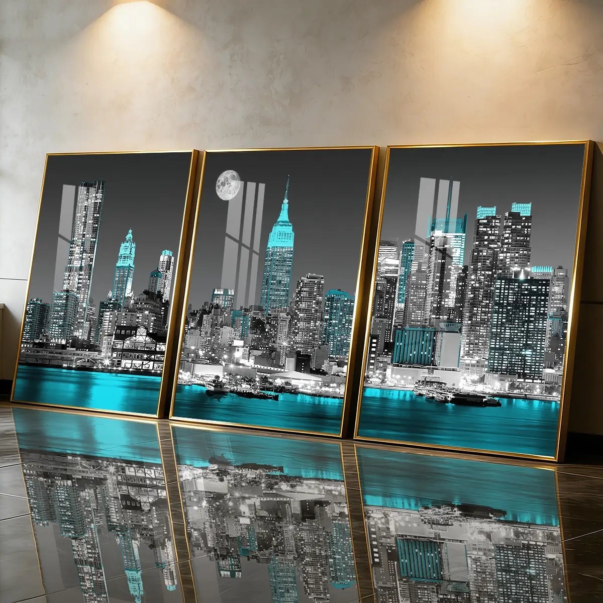 3 Count Aluminum Alloy Frame Canvas, Fashion Poster City Skyline Night View, Modern Living Room Decoration, Light Luxury Family Art, Suitable For Bedroom, Corridor And Office Wall Decor, Gift
