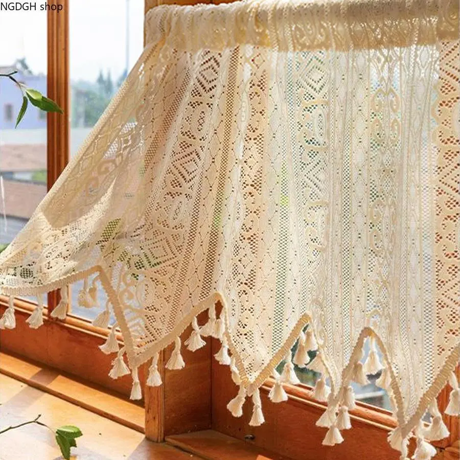 Bohemian Lace Curtain Tassel - Chic Rectangle Macrame Lace Valance with Fringe Detail, Soft Light Filtering Fabric, Stylish Adjustable Home Accessory Ideal for Farmhouse Decor Cafe Curtain & Romantic Window Treatment