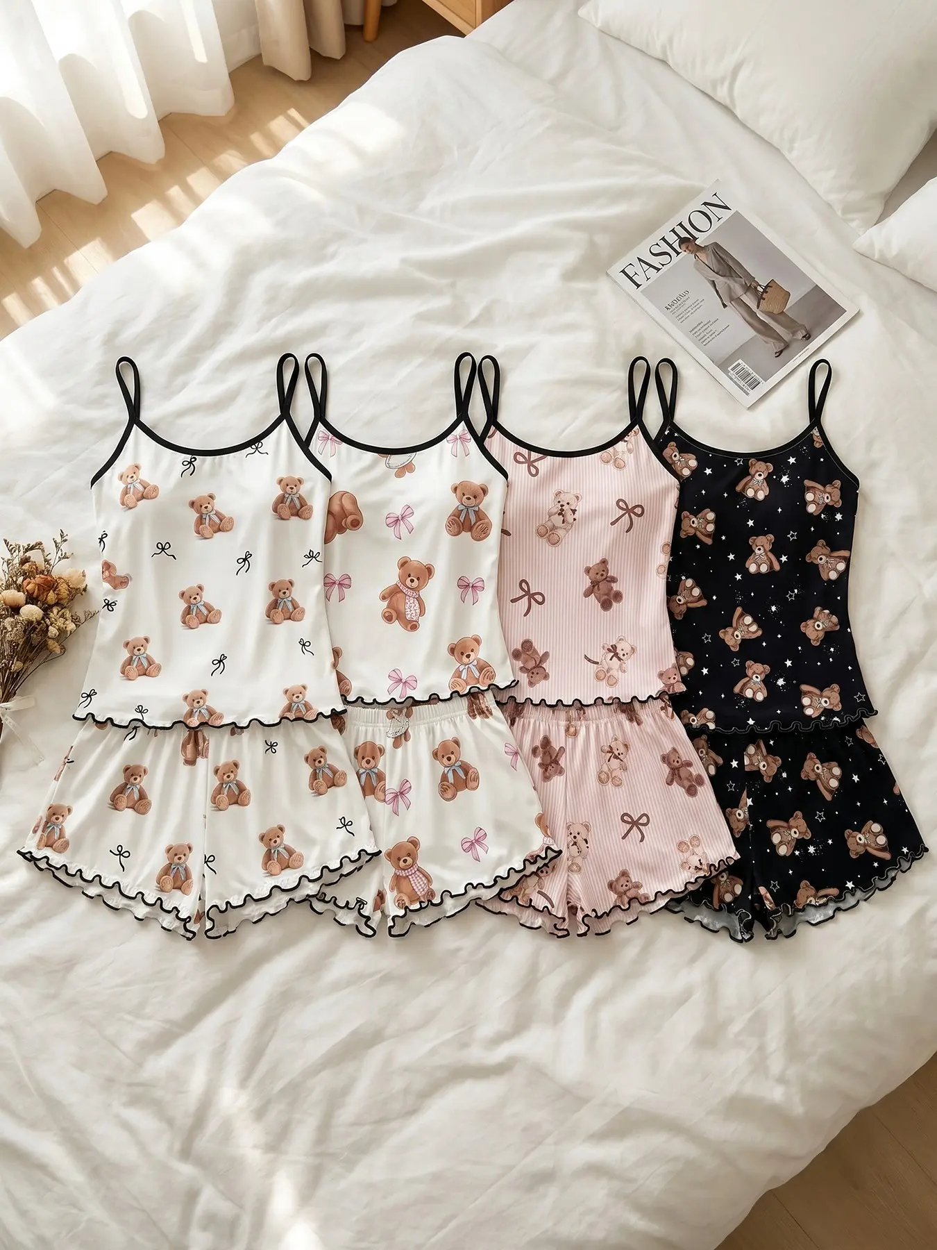 Women 4‑Pack Cami Top And Shorts Pajama Set, Wearable For All Seasons, Assorted lovely bear graphic prints, wavy hem shorts, soft home outfit for pal chat‑time and gentle background‑music leisure