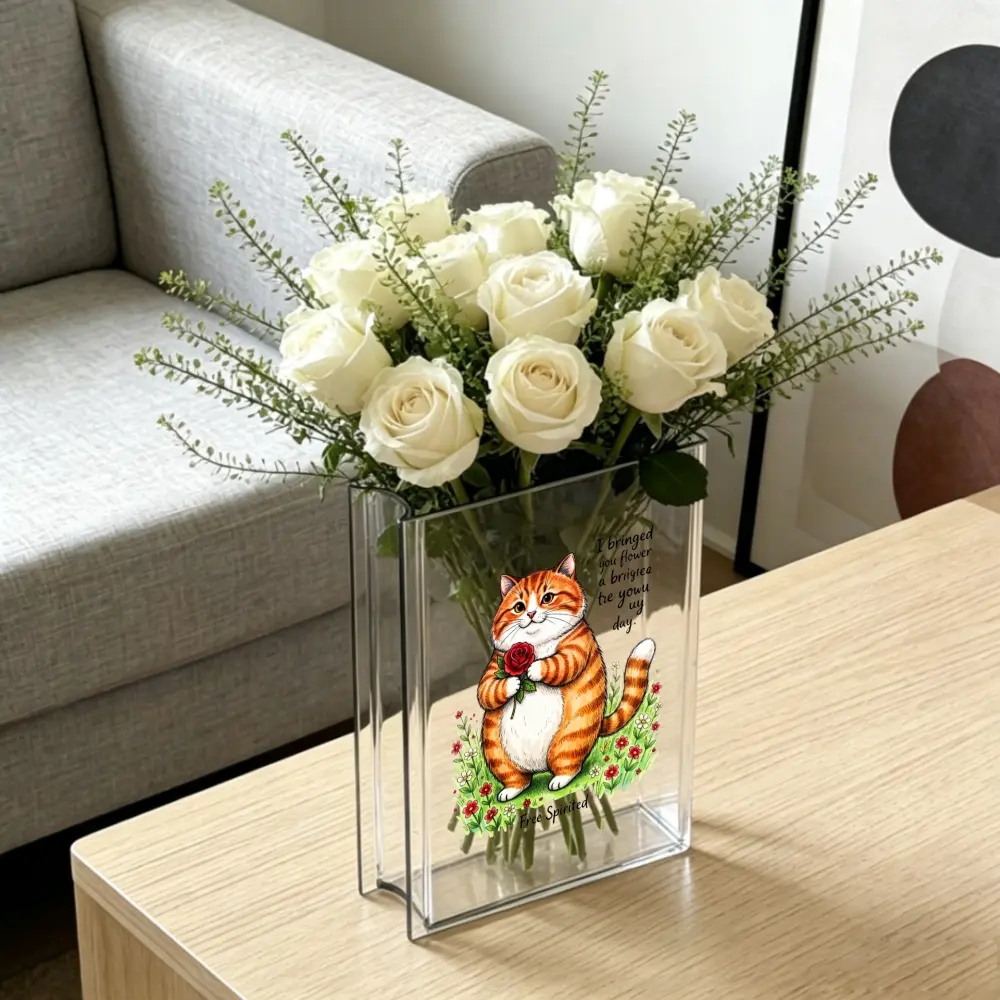1 Piece Acrylic Cute Orange Cat Holding Rose Whimsical Floral Art Office Home Living Room Decor Modern Coffee Table Centerpiece