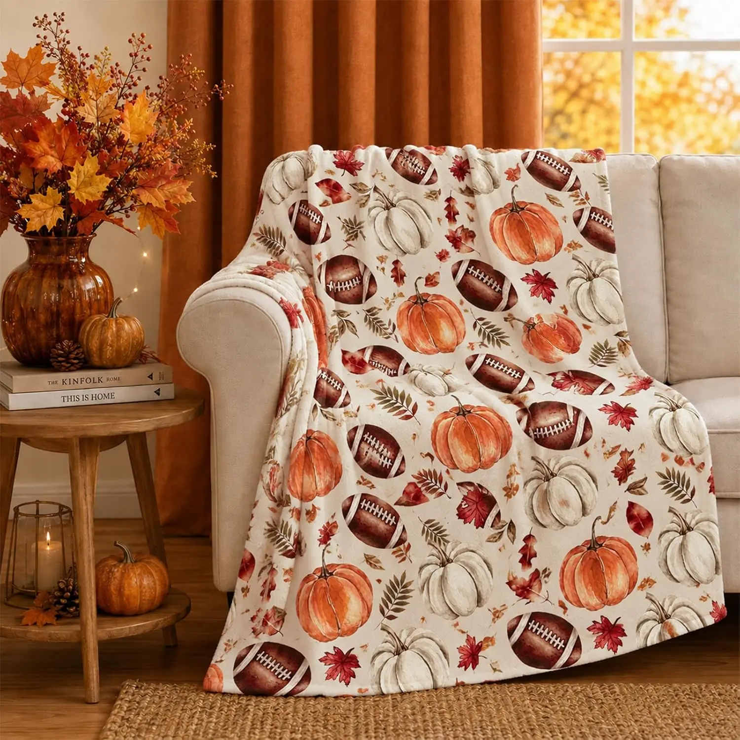 Super Soft 100% Polyester Plush Throw Blanket, Fall Flannel Football Pumpkin Leaves Design, Indoor/Outdoor Thanksgiving Autumn Decor Gift for Women & Kids, Living Room Decor