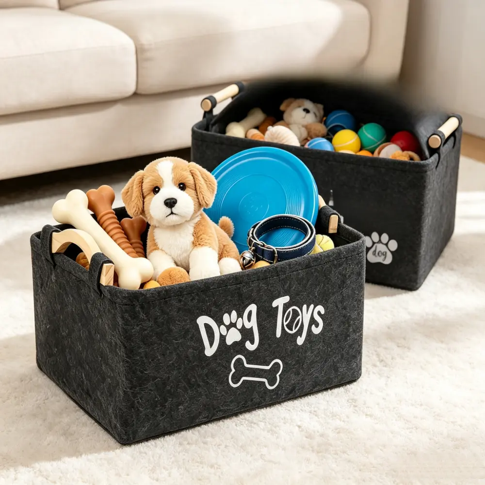 YFMHK Printed Felt Pet Storage Baskets, Collapsible Dog Toy Organizer Boxes with Wooden Grips, Decorative Storage Bins for Dog Toys, Collars, Leashes, Puppy Daily Supplies Home Organization