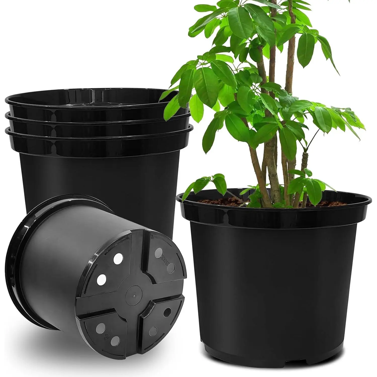 5 Gallon 12 Inch Plastic Nursery Pots, Plant Containers with Drainage Holes, Round Sturdy Garden Planters for Indoor/Outdoor Greenery, Gardening Gifts for Women (5-Pack, Black)