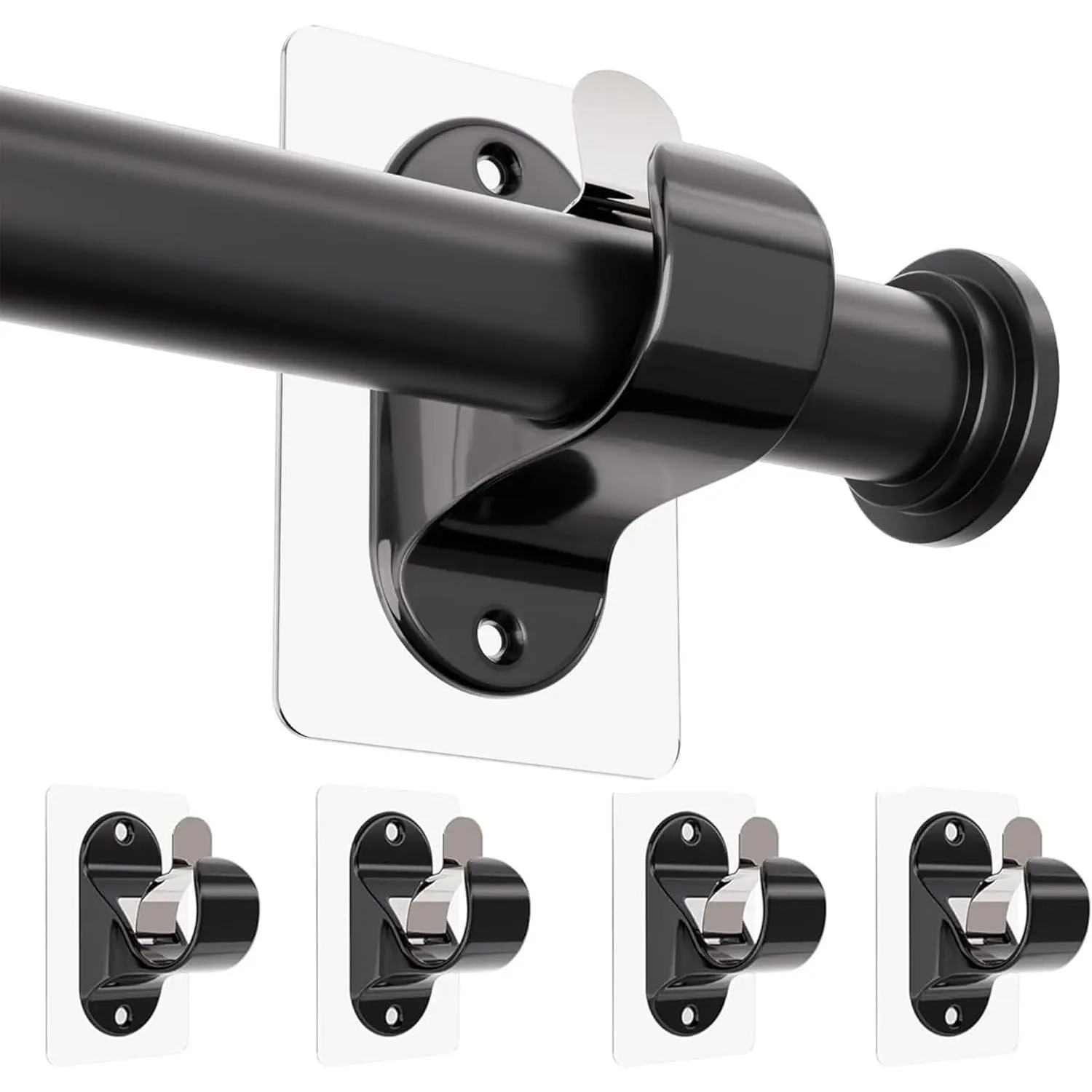 4 Pack No Drill Curtain Rod Brackets, Renter Friendly Self Adhesive Curtain Rod Holders, Heavy Duty No Drilling Curtain Rod Hooks for Apartment Bedroom Bathroom Dorm Classroom Kitchen (Black)