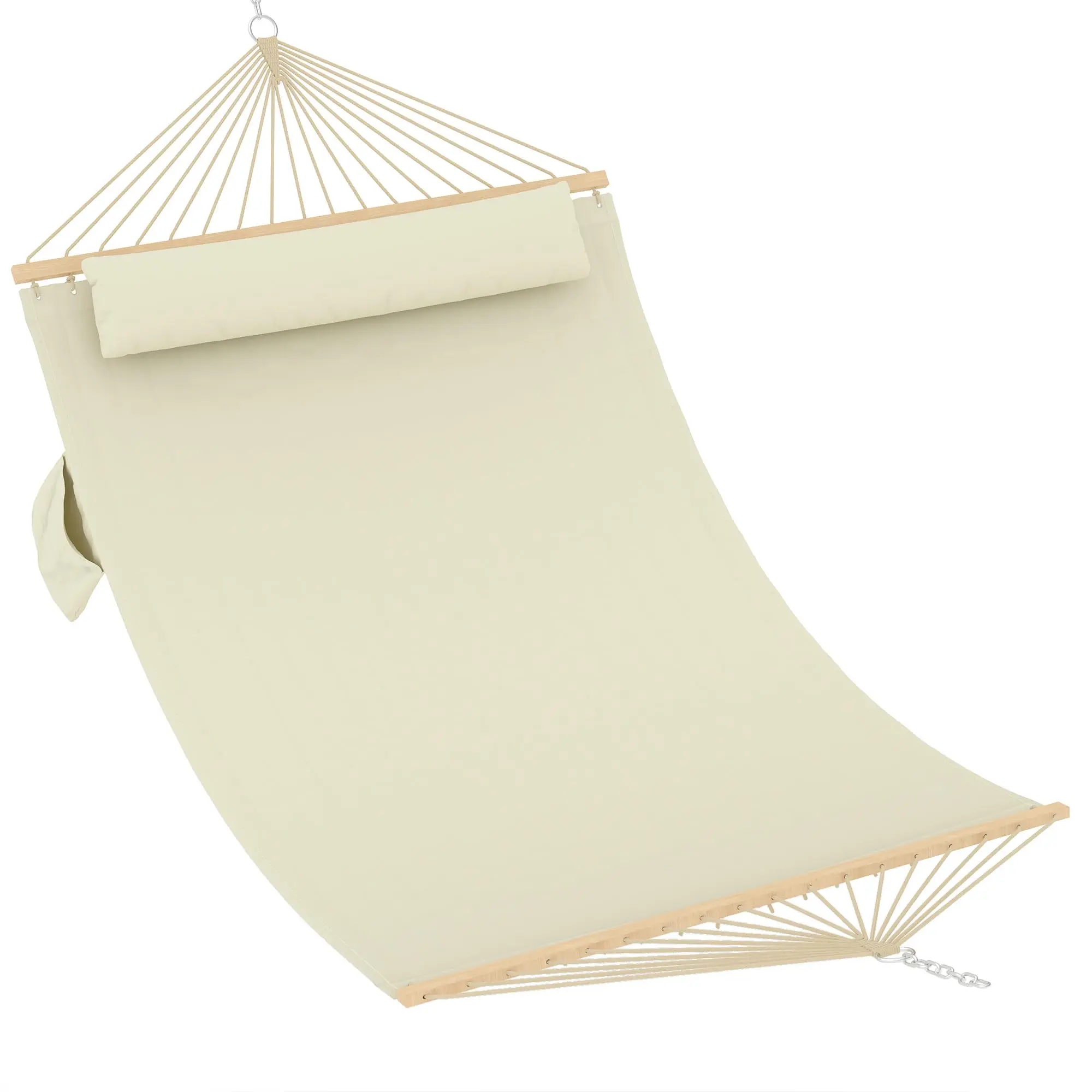 Padded Double Hammock with Wooden Support Bars, Removable Cushion, Weatherproof, 204kg Weight Capacity, 350cm Length, Ideal for Garden, Terrace, Available in Cream White, Light Gray Striped, Brown-Yellow