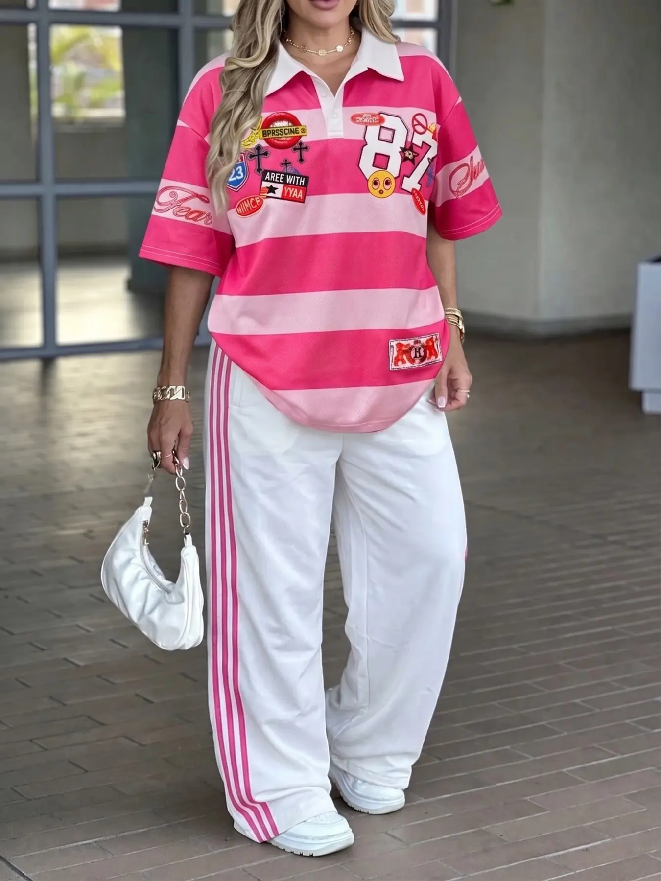 Women's Two Piece Sets Pink Striped Patchwork Print Polo Short Sleeve Top & Side Stripe Wide Leg Pants, Y2K Preppy Streetwear, Breathable, Lightweight Loose Matching Outfit for Daily Travel & Casual Dates, 2026 Women's Summer Co-ord Loungewear