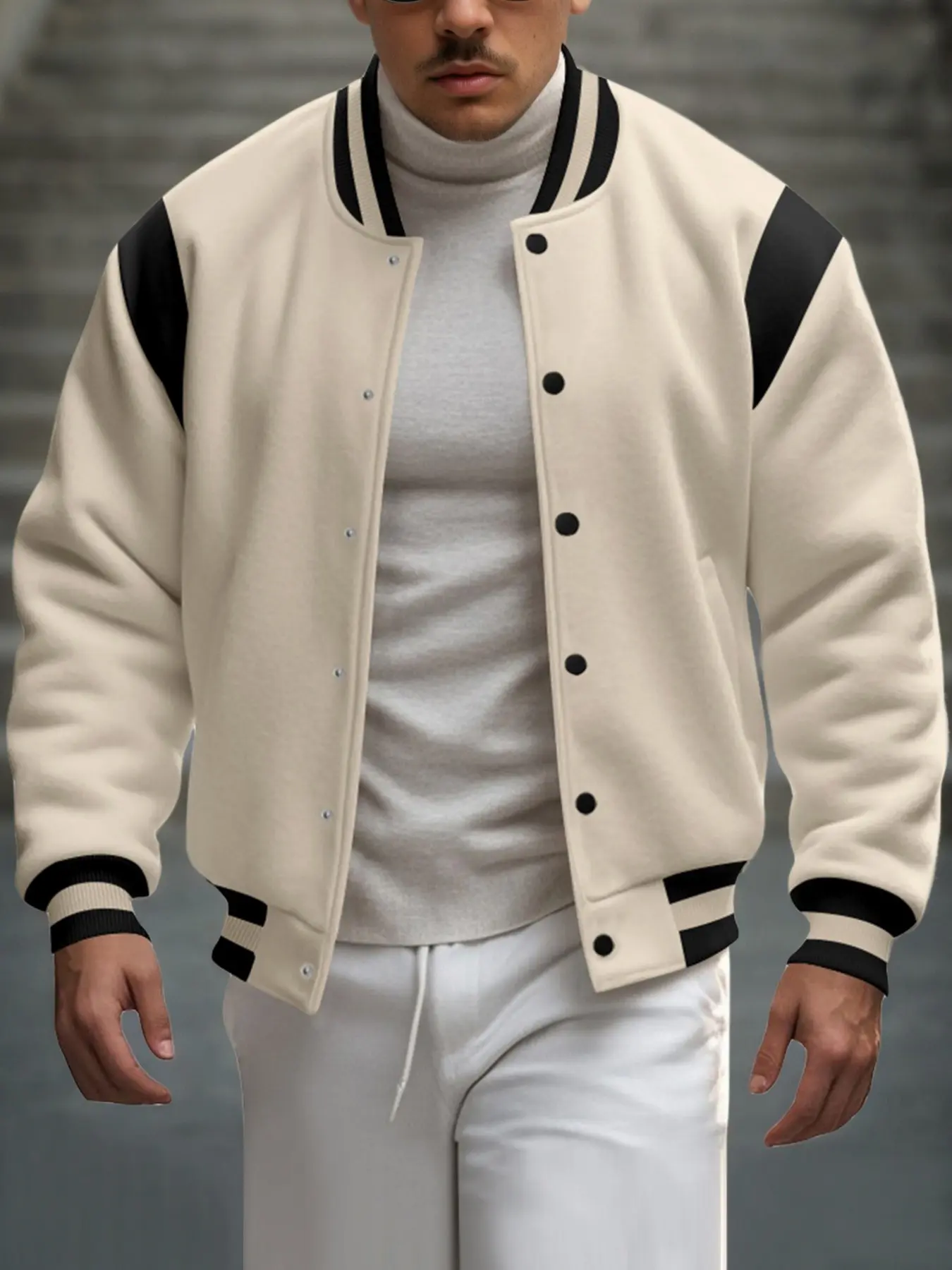 Men's Two-Tone Color Block Varsity Jacket Soft Fleece Lined Baseball Bomber Coat Striped Collar Cuff Casual Streetwear Outerwear For Autumn Winter Daily Wear