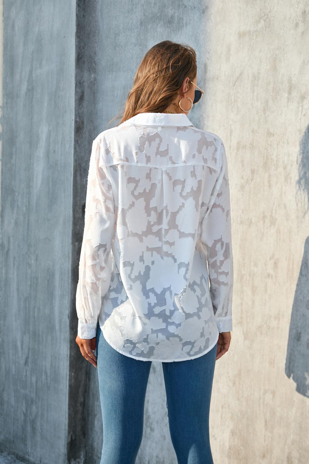 BIGWIG Women's White Elegant Sheer Blouse, Long-Sleeved Jacquard Collar Button-Down Top, Loose-Fitting Shirt, Casual Long-Sleeved Chiffon Blouse, Spring/Summer Outfit