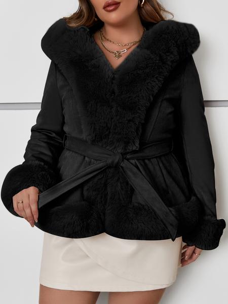 Women's Winter Warm Elegant Faux Fur Patchwork Coat, Plus Size Commuter Casual Hooded Woolen Overcoat with Belt, Long Sleeve