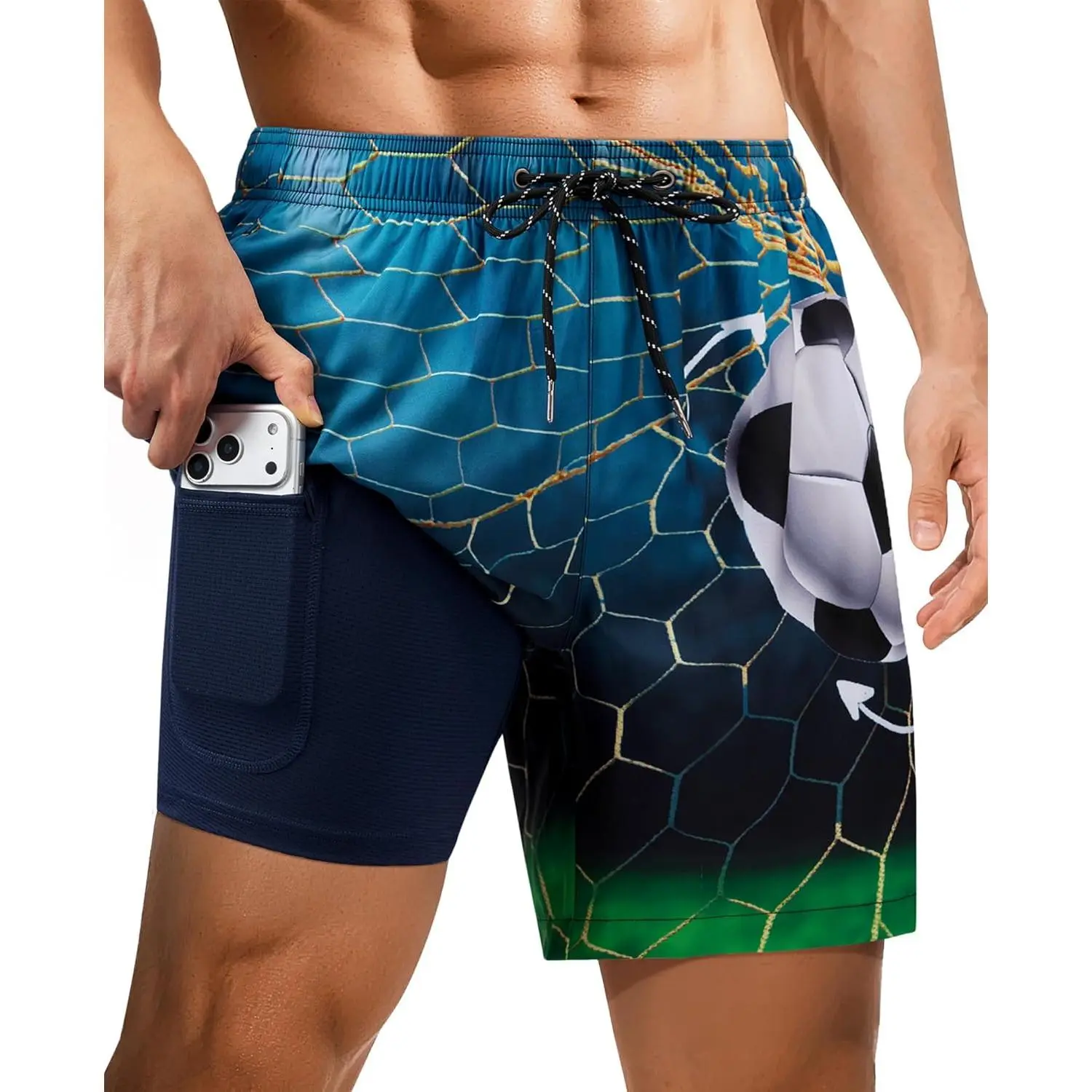7inch Mens Swim Trunks: with Compression Liner Zipper Pocket Drawstring Quick Dry Stretch Lined 3D FunnyBeach Pool New model