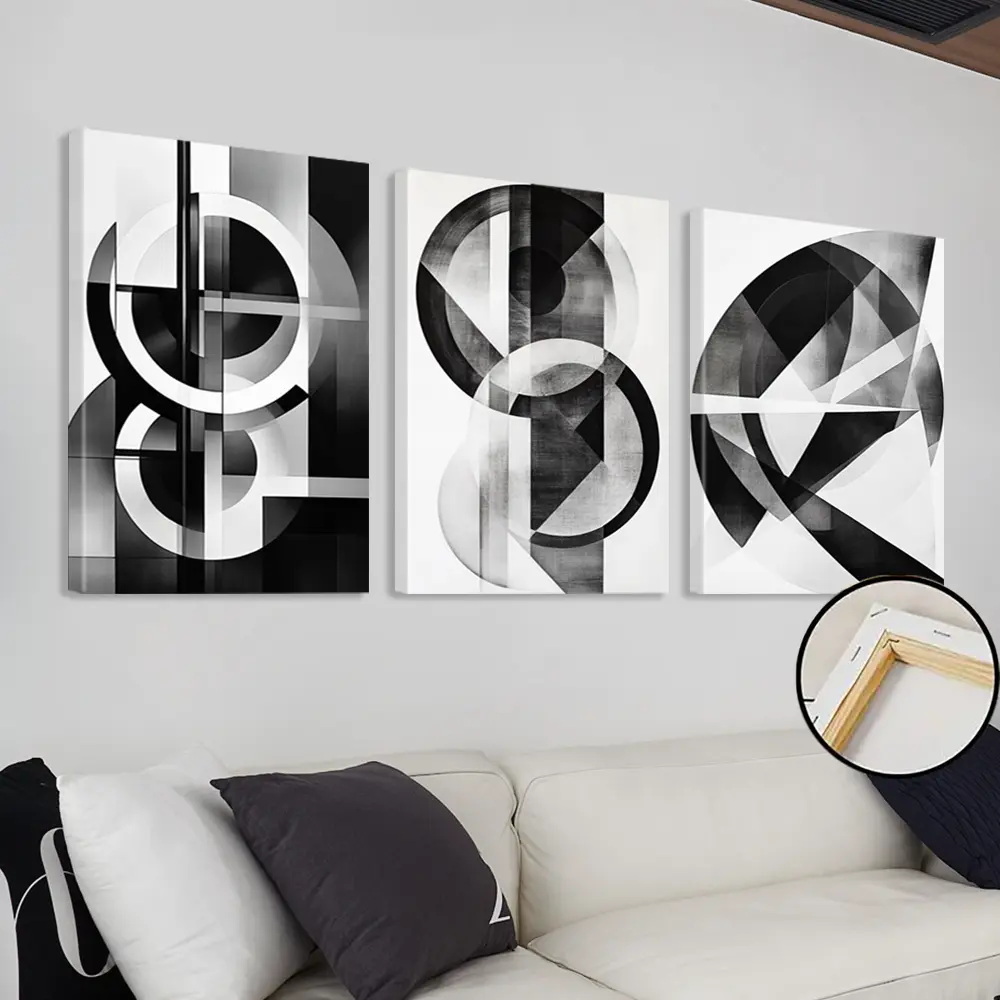 3-piece set of abstract art frames, black and white canvas print wall art, minimalist geometric designs, monochromatic room aesthetics, modern wall decoration, home wall paintings, ideal gift, comes with frame