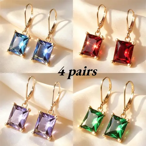Women's 4-Pair Fashion Earrings Set - Multi-Color Rectangle Drop Dangle, 4-Prong Square-Cut Cubic Zirconia, Copper Alloy Lead-Free Hook Back, Ideal for Daily Wear, Bridesmaid, Cocktail Party