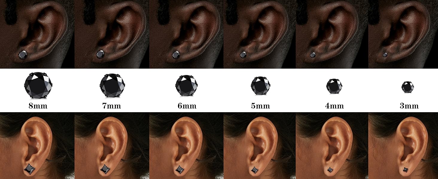 BESTEEL Hypoallergenic CZ Black Stud Earrings for Men & Women - Stainless Steel studearrings, Square Round Shape, Sensitive Ear Jewelry Set, Model 3-8MM accessories men