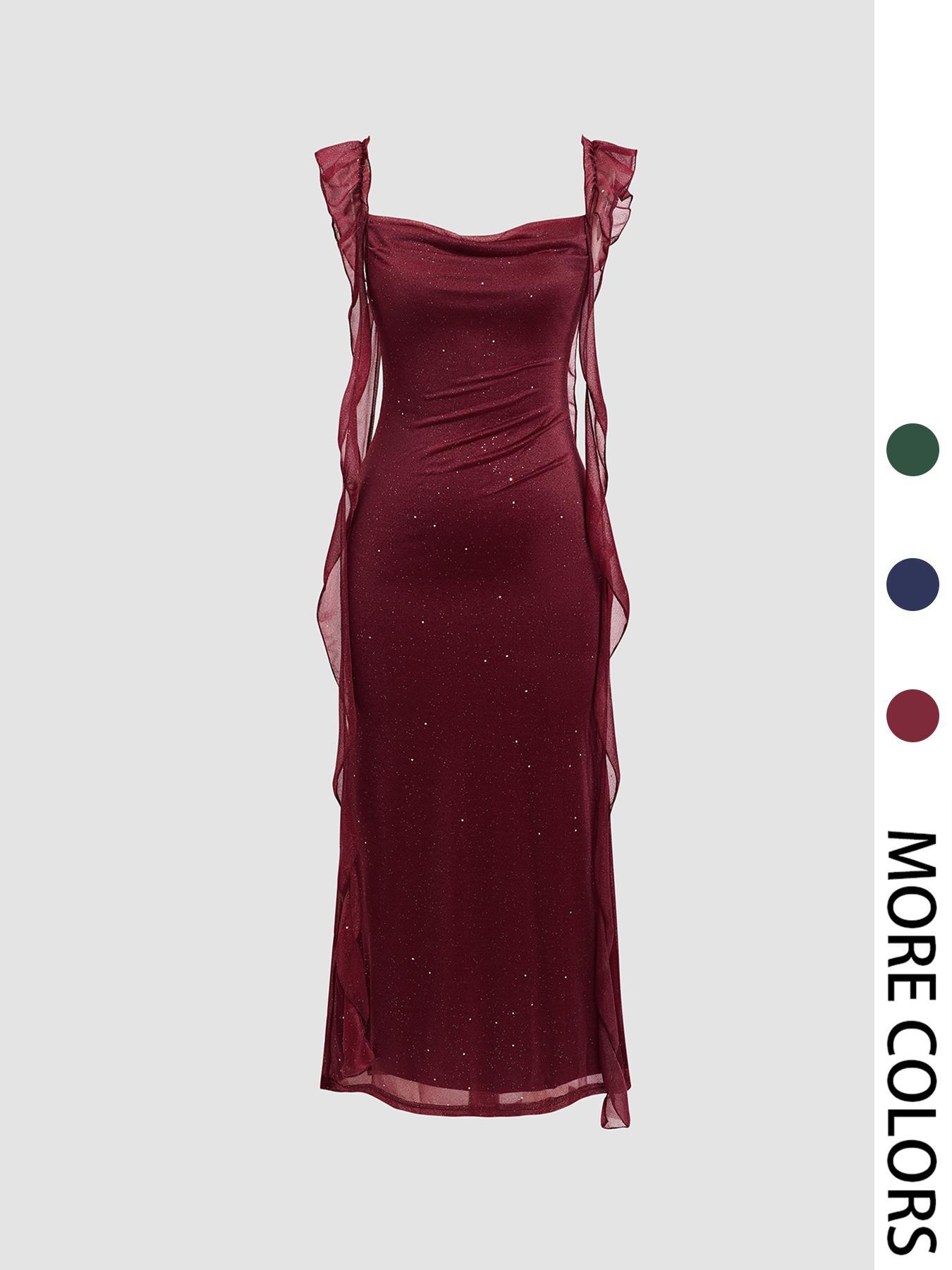 prom dresses，Valentine's Day Women's Formal Solid Glitter Ruffle Trim Dress, Elegant Sleeveless Dress for Party Club Dating Wear, Ladies Clothes for All Seasons