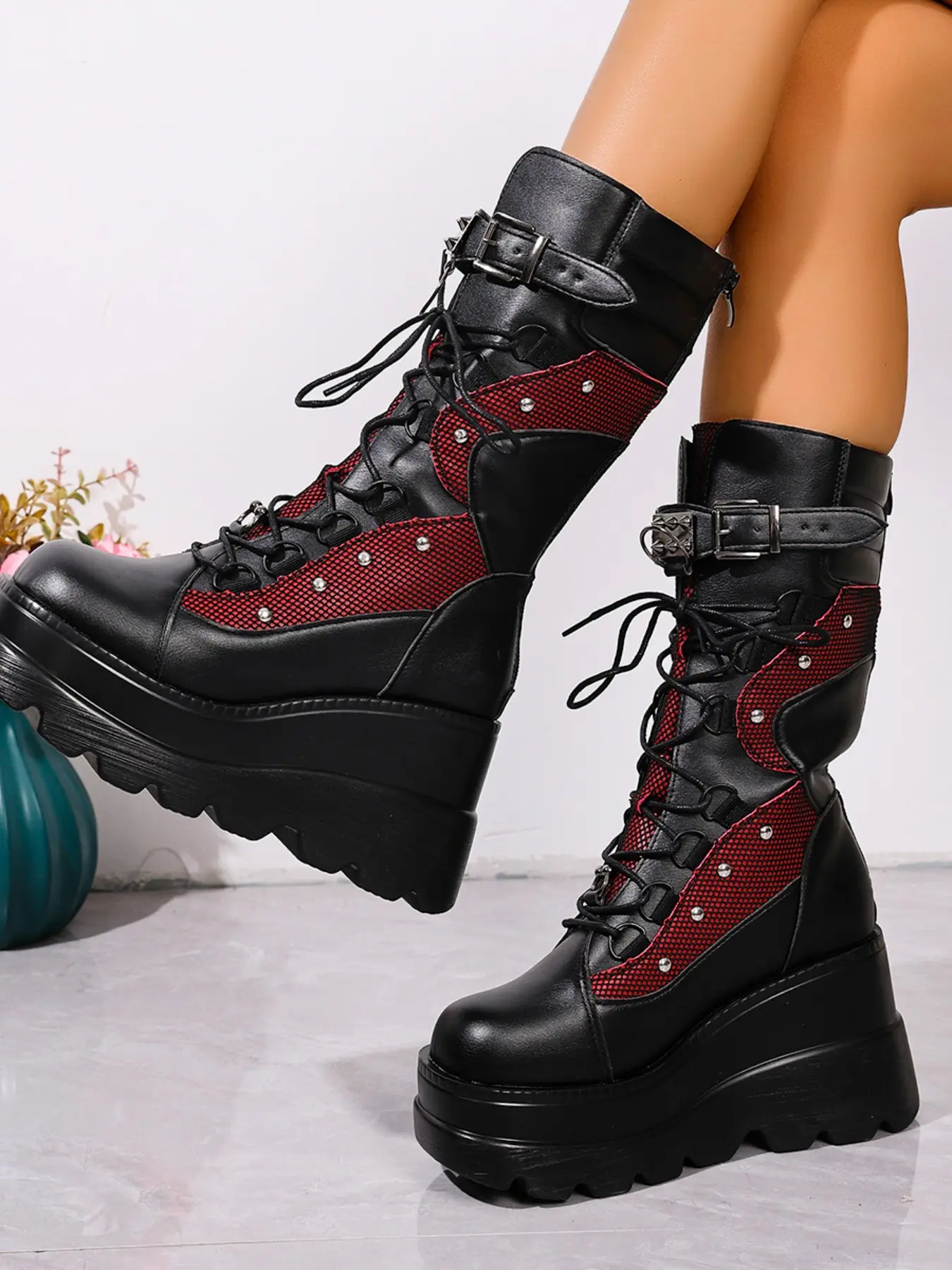 Love Electro Punk Boots, Block Laces Thick Sole Slope Heel High Cuff Boots, Metal Buckle Zipper Rivet Mid-Calf Boots