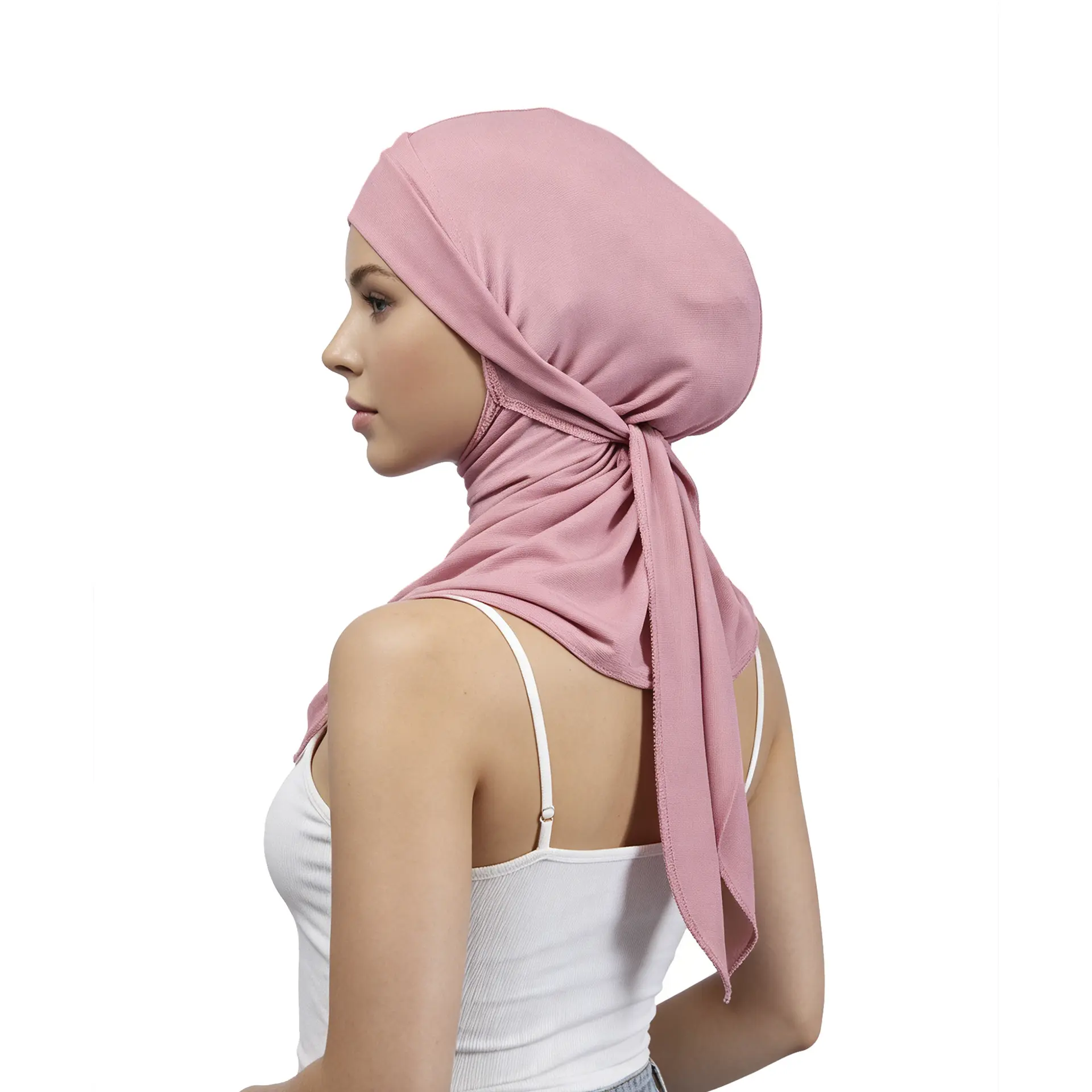 Viral Dusty Pink Tie Back Inner Hijab Cap Neck Cover Underscarf Soft Stretch Full Coverage Bonnet Women Church Daily Modest Fashion