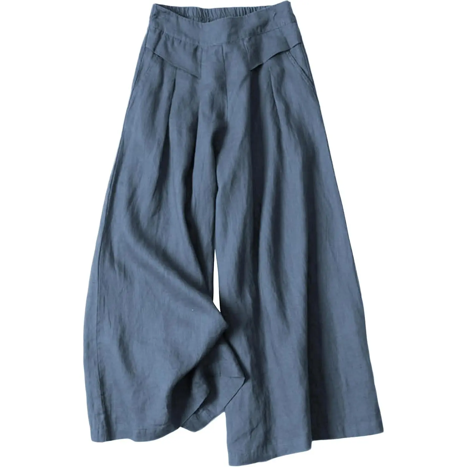 Women's Cotton Linen Culottes Pants Elastic Waist Wide Leg Palazzo Trousers Capri Pant