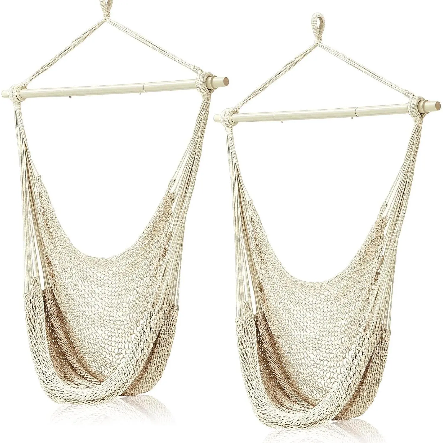 2 Pcs Hanging Hammock Chair Boho Swing Chair Outdoor Indoor Comfy Soft Cotton Rope Weaving with 40 Inch Detachable Metal Bars for Backyard Living Room Garden, 270lb Capacity (Beige)