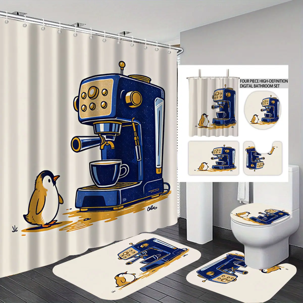 4 piece bathroom set featuring cartoon penguins and a blue coffee machine pattern, including an anti-slip mat, a toilet cover, and a bath mat. It's a modern bathroom decoration, and the bathroom set comes with 12 hooks.