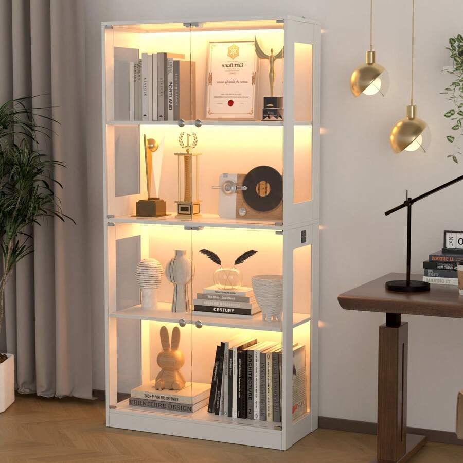 80.4" Tall 5-Tier Display Cabinet with Glass Doors & Human Sensor LED Lights, 3 Color Modes & Brightness Adjustable, Large Curio Showcase for Collectibles/Books/Toys