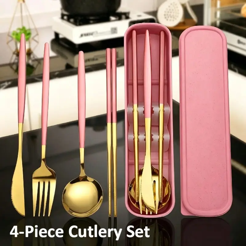 Stainless Steel Cutlery Set, Portable Dining Utensils, Dinner Utensil Set, 4-Piece Kit with Storage Box, Ideal for Home and Outdoor Travel, Perfect Gift