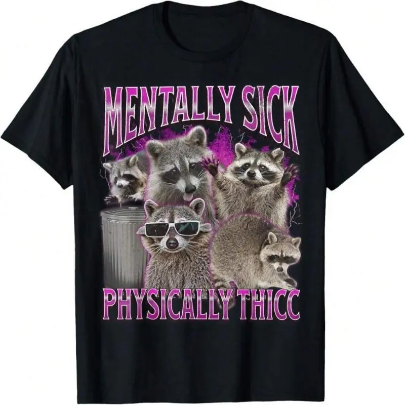 Physically Thicc Funny Raccoon Meme Bootleg Graphic 90s T-Shirt Interesting emoji printed T-shirt, top gift for him/her