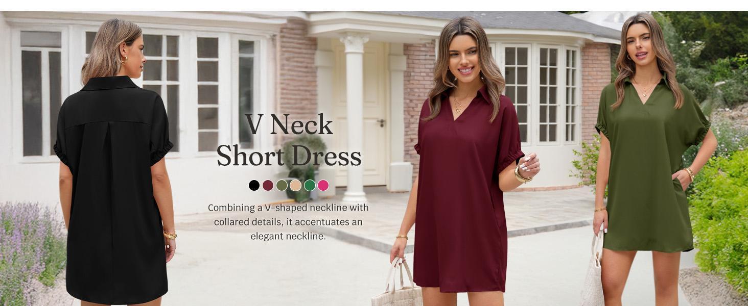 Imily Bela Womens Summer Shirt Dress Casual Short Sleeve Collared V Neck Loose Beach Cover Up Shirts with Pockets