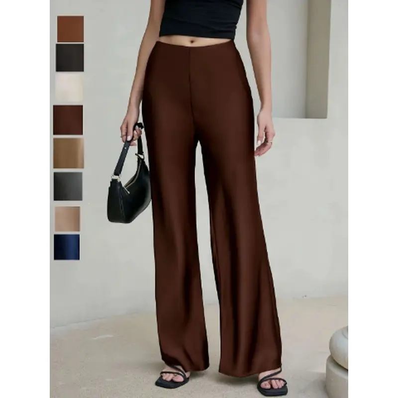 Elegant Acetate Satin Long Pants for Women, High-Waisted Straight Leg Wide Leg Trousers, Office Wear Outerwear, Premium Quality, Bottoms