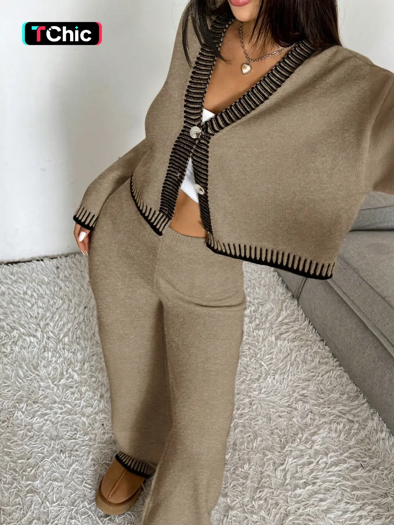 Women's V Neck Colorblock Cardigan Sweater Set, Casual Loose-Fit Crop Top & High Waist Wide Leg Pants, Fall Winter Knitted Outfit