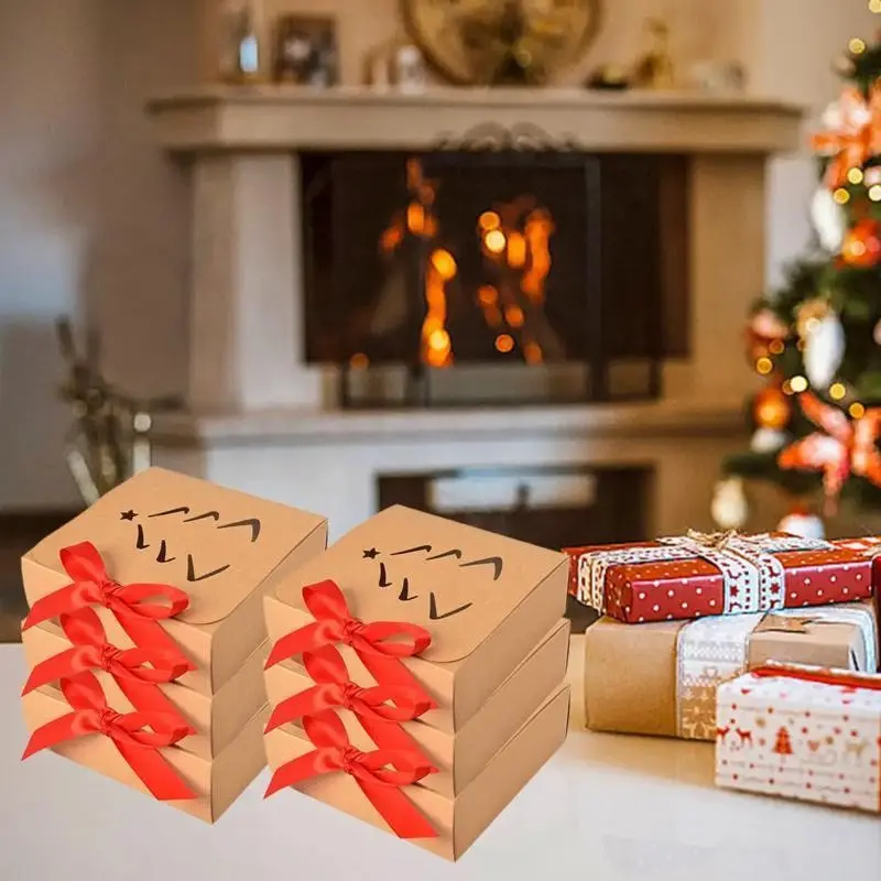 10 Christmas Gift Boxes with Lids, Hollow Tree Pattern Kraft Paper, Ribbon, DIY Surprise, Small Candy, Holiday Gifts