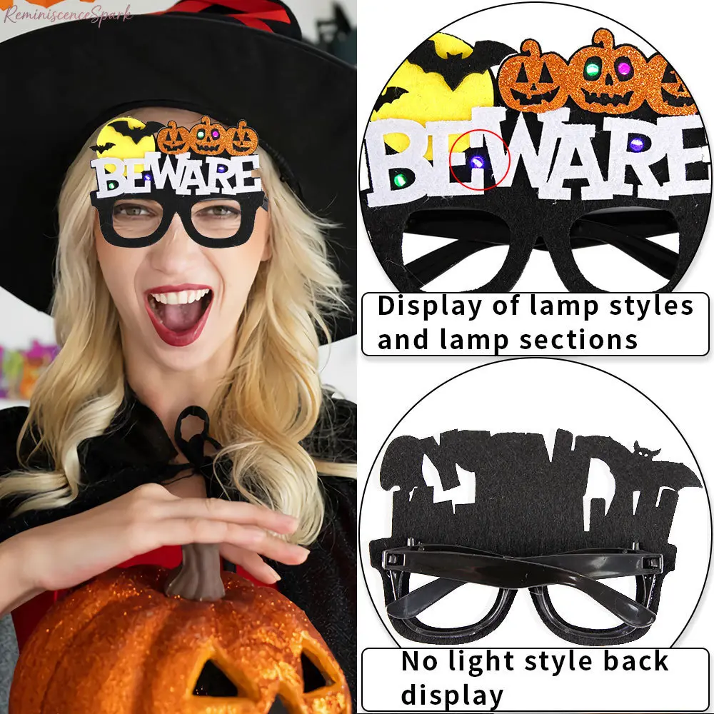 4-Pack Lightweight Plastic LED Halloween Novelty Glasses Accessory, Glowing Pumpkin Ghost Costume Frames, Flashing Spooky Photo Booth Props (Fit Kids) for Night Parties, Trick-or-Treat, Holiday Gift, Halloween Props