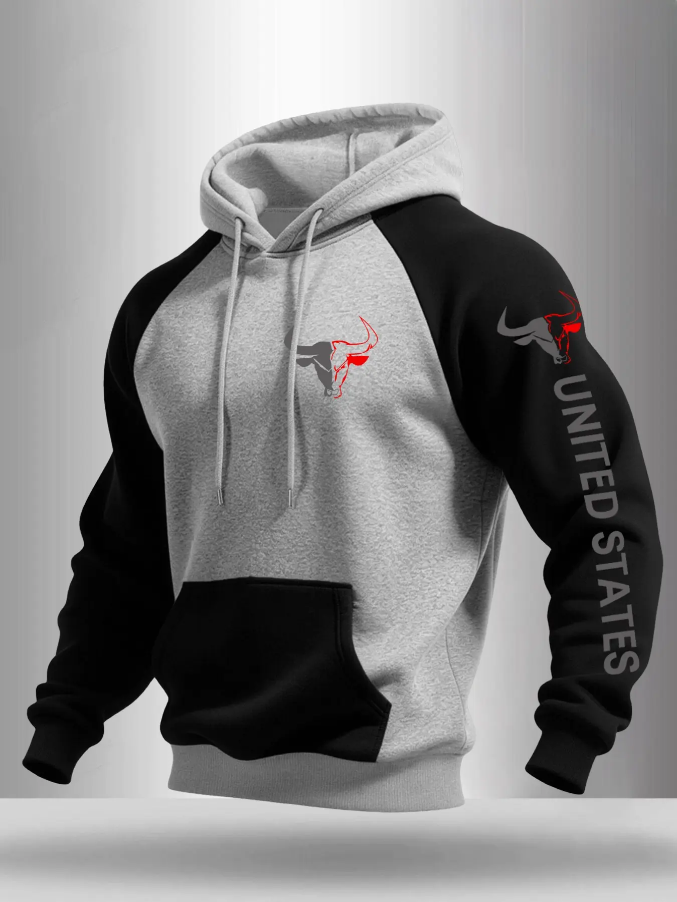 Men Raglan Drawstring Hoodie, contrast bull head print at chest, bull emblem and vertical UNITED STATES letter on sleeve, kangaroo pocket loose street sweatshirt for daily wearing and fitness training #BullHeadHoodie #AmericanStreetHoodie #RaglanPullover