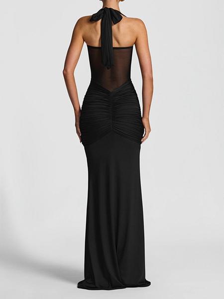 Elegant Women's Halter Neck Tie Back Sheer Mesh Dress, Sexy Long Flowy Gown, Fashionable Plain Color Evening Wear