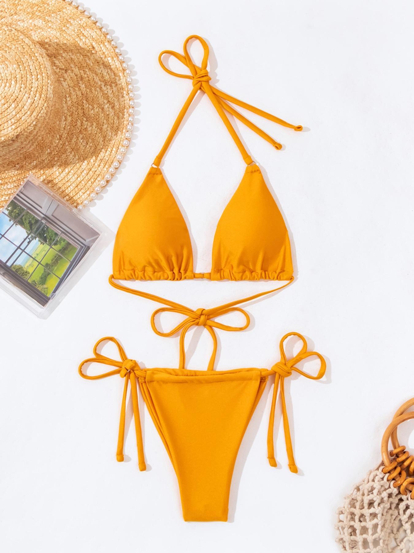 Mix & Match Sizing Solid Bikini Top/bottoms Bikini Set, Casual Halter Neck Backless Triangle Swim Top, Tie Side Swim Thong, Women's Summer Swimwear, Bikinis Sets, Bikini Outfits