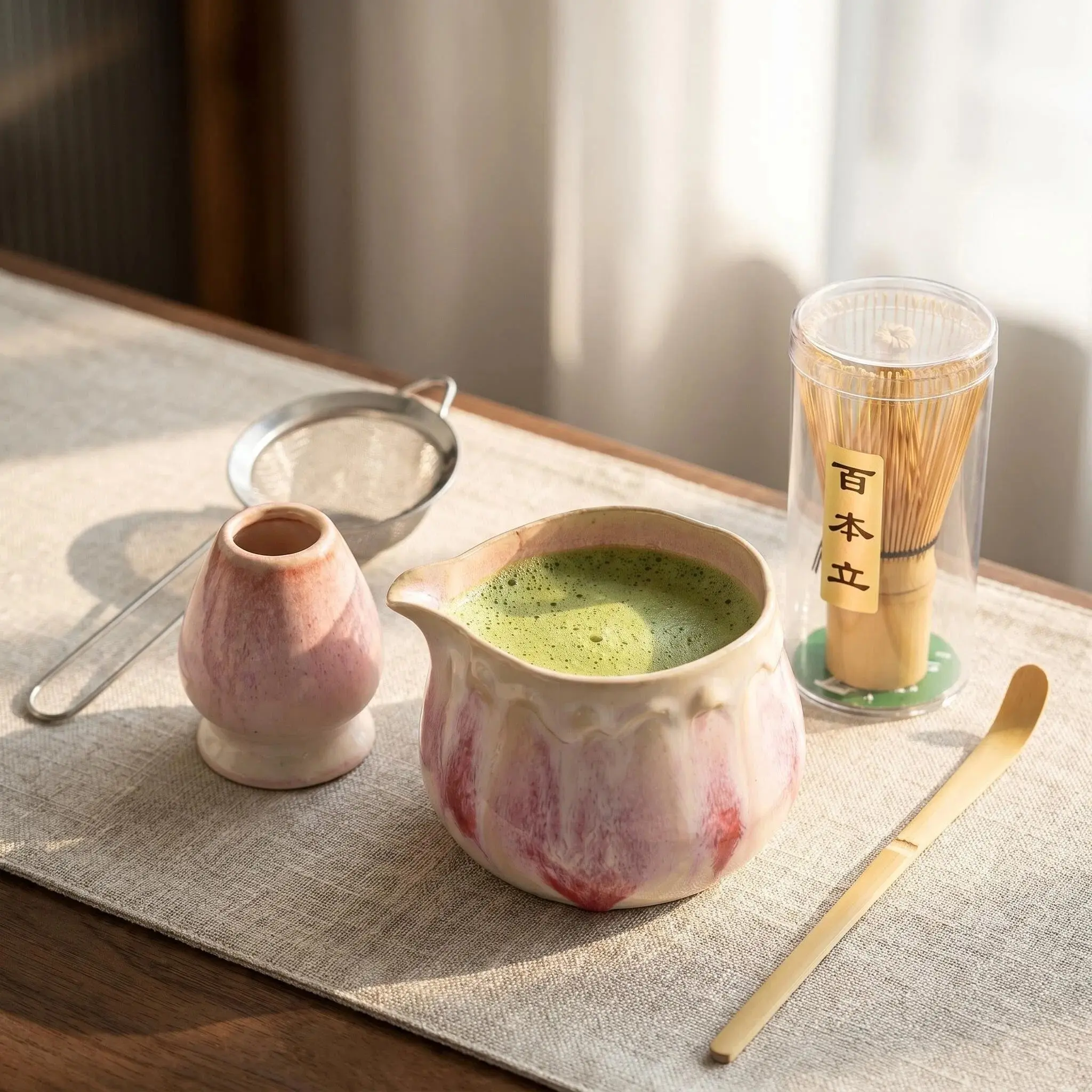 6-Piece Matcha Tea Set, Cherry Blossom Wave Design, Complete Tea Ceremony Kit, Ceramic Teapot, Traditional Matcha Tools, Ideal for Latte & Gifting