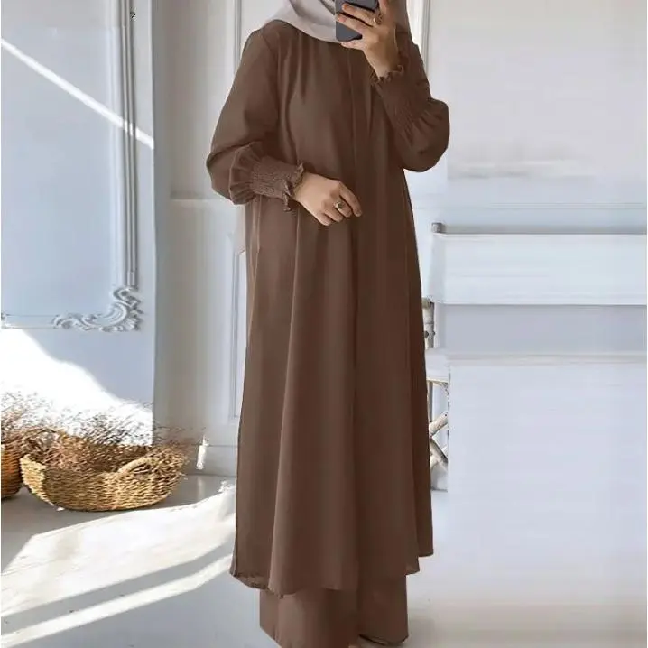 2026 New Southeast Asian Two-Piece Women's Solid Color Spring/Autumn Long-Sleeve Cardigan Shirt and Pants Muslim Set