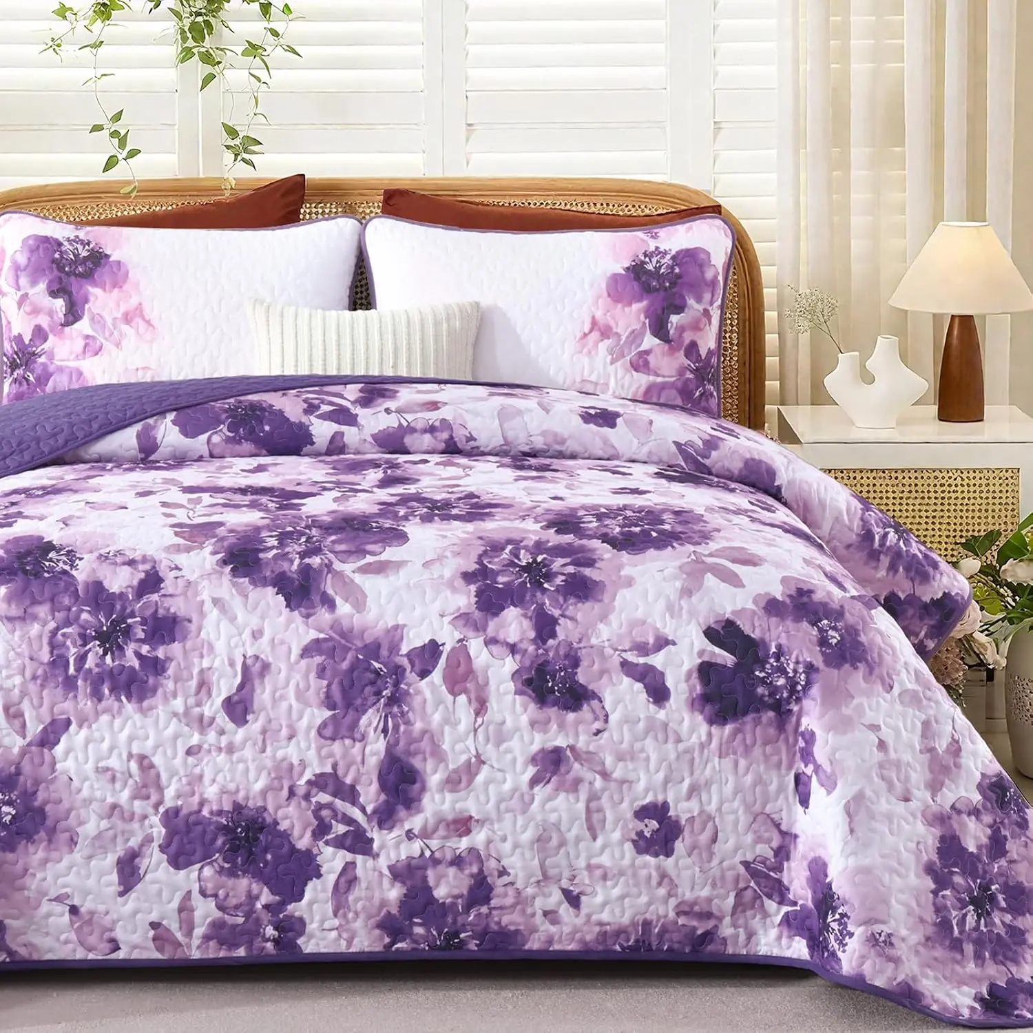 Floral Set Queen Size - 3 Pieces Purple Watercolor Botanical Bedspread Coverlet Set with 2 Pillowcases, Lightweight Soft Bedding Set for All 96"x90"