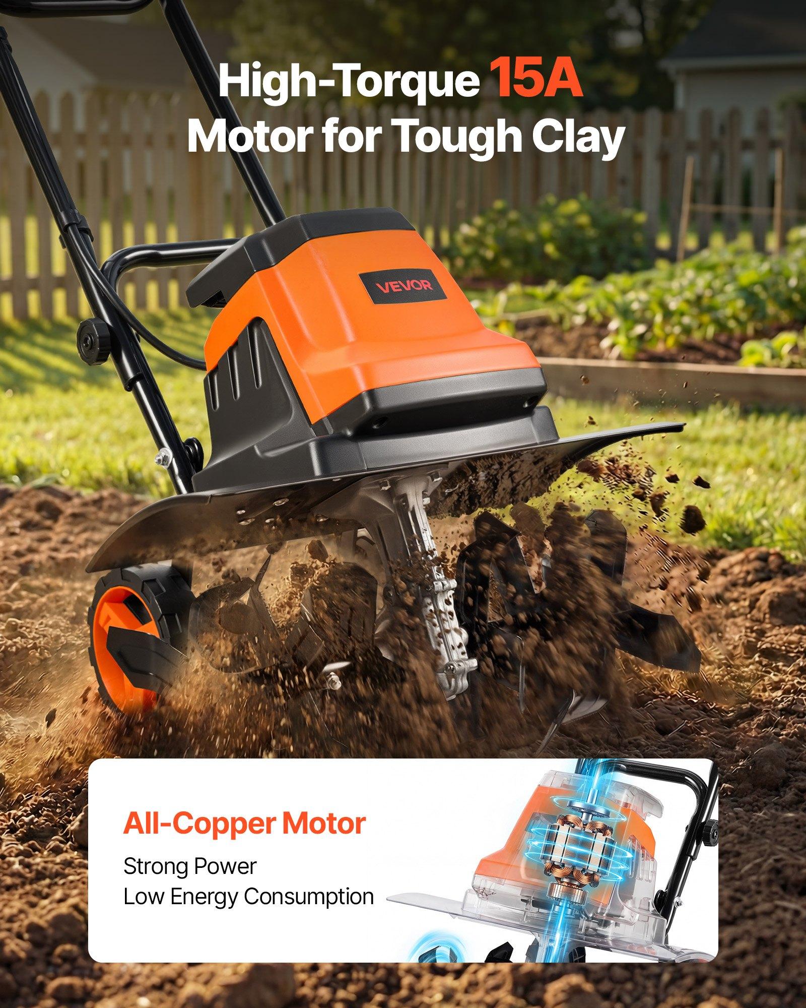 VEVOR Corded Electric Tiller, 18 Inch Tilling Width Garden Rototiller, 15-Amp Motor Heavy-Duty Tilling Machine, Cultivator with Steel Tines and Foldable Handle, for Lawn, Yard, and Gardening Care