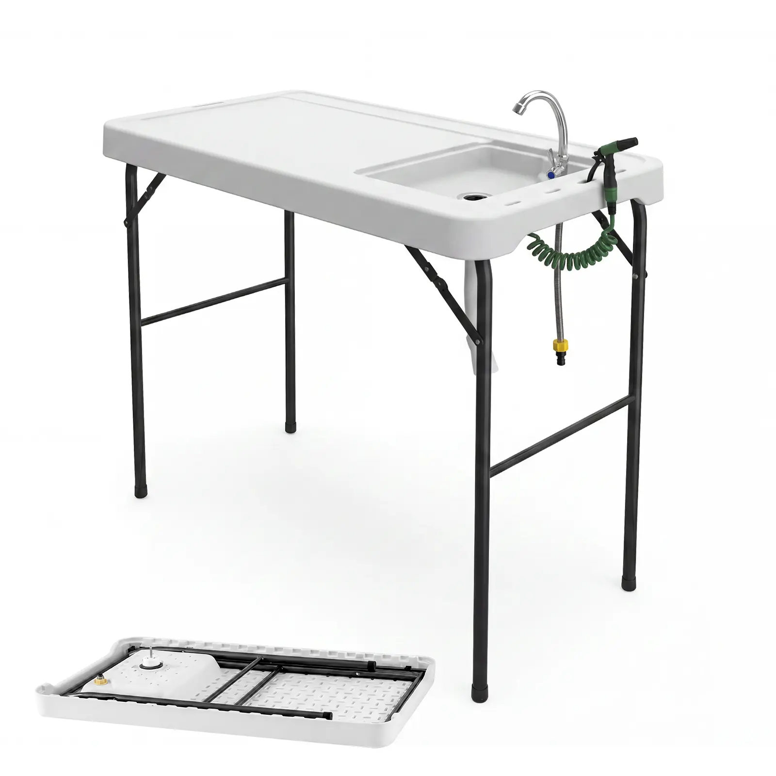 Portable Folding Fish Cleaning Table with basin and Faucet – Outdoor Fillet Station, Drainage Hose & Sprayer – Perfect for Camping, Picnic, Beach, Patio