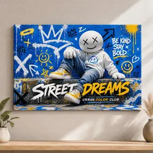Street Dreams Blue Yellow Graffiti Canvas Poster, Urban Art Wall Decor with Cartoon Character, Trendy Aesthetic Print for Teen Bedroom, Living Room, Gaming Room, Modern Hip Hop Home Decor Gift,wall decor,poster.