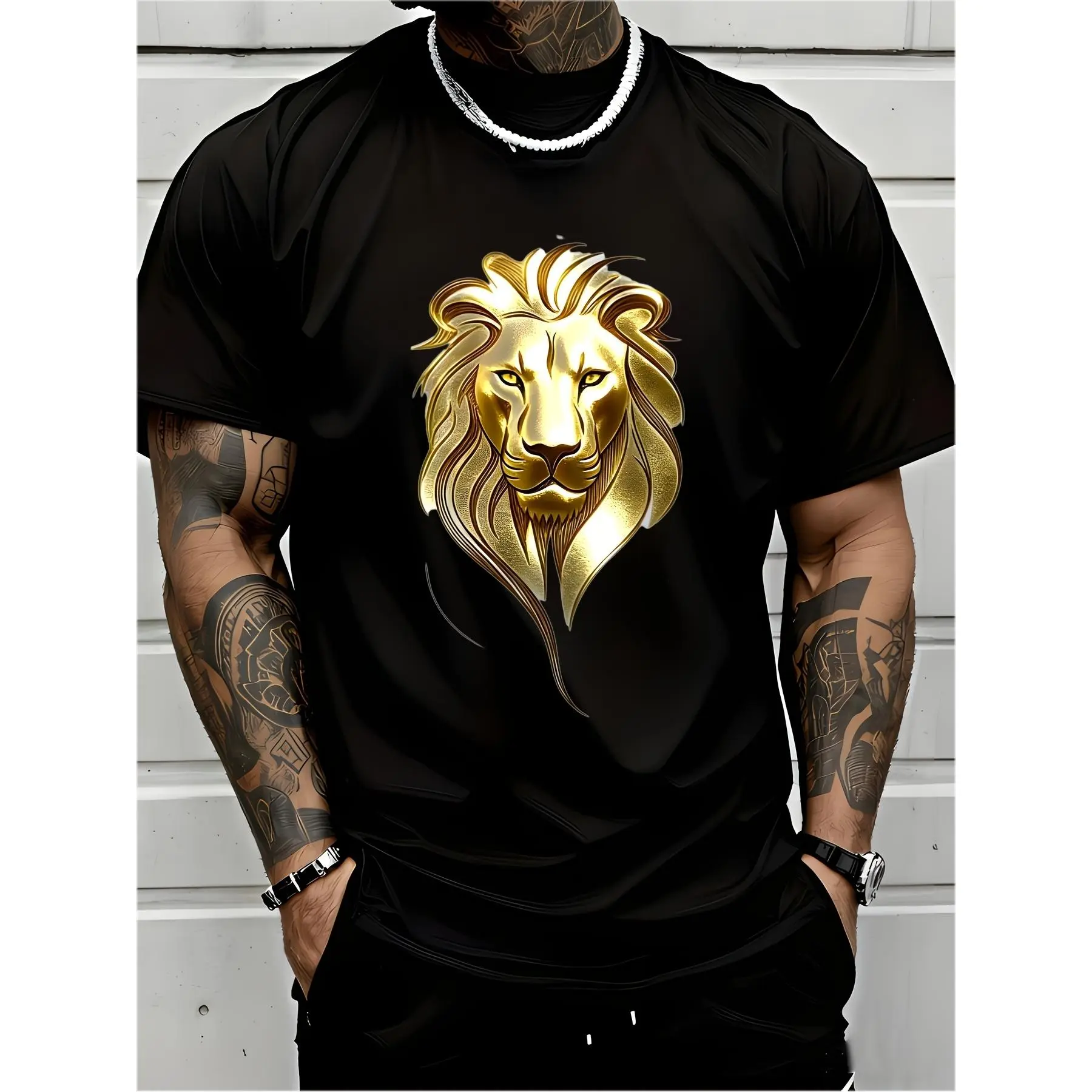 Men's golden lion head badge, suitable for all seasons, features a stylish lion mane design,Cute,Monaco,soft,t-shirt,Versatile,Vintage,Over,Festive,Round,Family,Breathable,Christmas,Botanical,Printed,tropical,Trendy,Leopard,valentine,fishing,sw,st,foreign