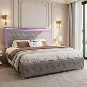 Grey Modern Wood Bed Frame with Mirrored Acrylic Velvet Adjustable Headboard, App & Remote Controlled RGB LED Lights 60000+ Colors Music Sync Timer, 43-45 Inch Height Adjustable Headboard Silent Wood Slats No Box Spring Needed Easy Tool-Free Assembly for