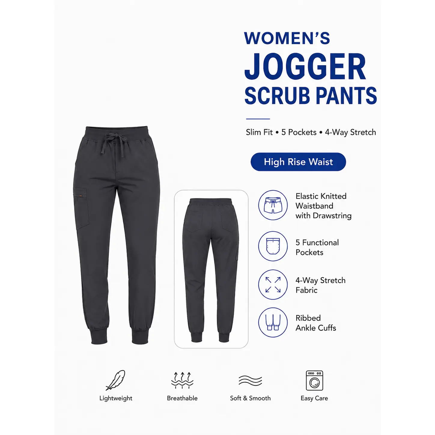 Women's High-Waist Fit Jogger Scrub Pants - Tapered Ankle Cargo, 4-Way Stretch Breathable Elastane Fabric, Drawstring Waist, Functional Pockets, Neutral Basics, Full-Length, Medical Wear, Multi-Size, All Seasons, Female Casual Fashion