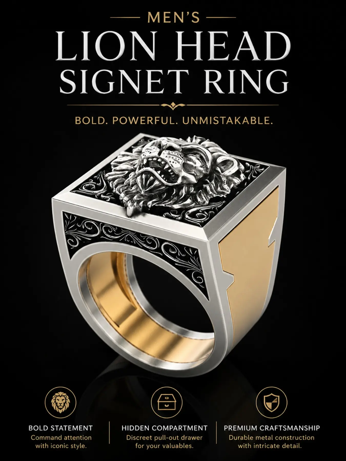 Lion Head Signet Ring for Men, Animal Theme Ring, Vintage Square Stainless Steel Hip Hop Statement Ring, Bold Punk Jewelry Gift, Fashion Ring