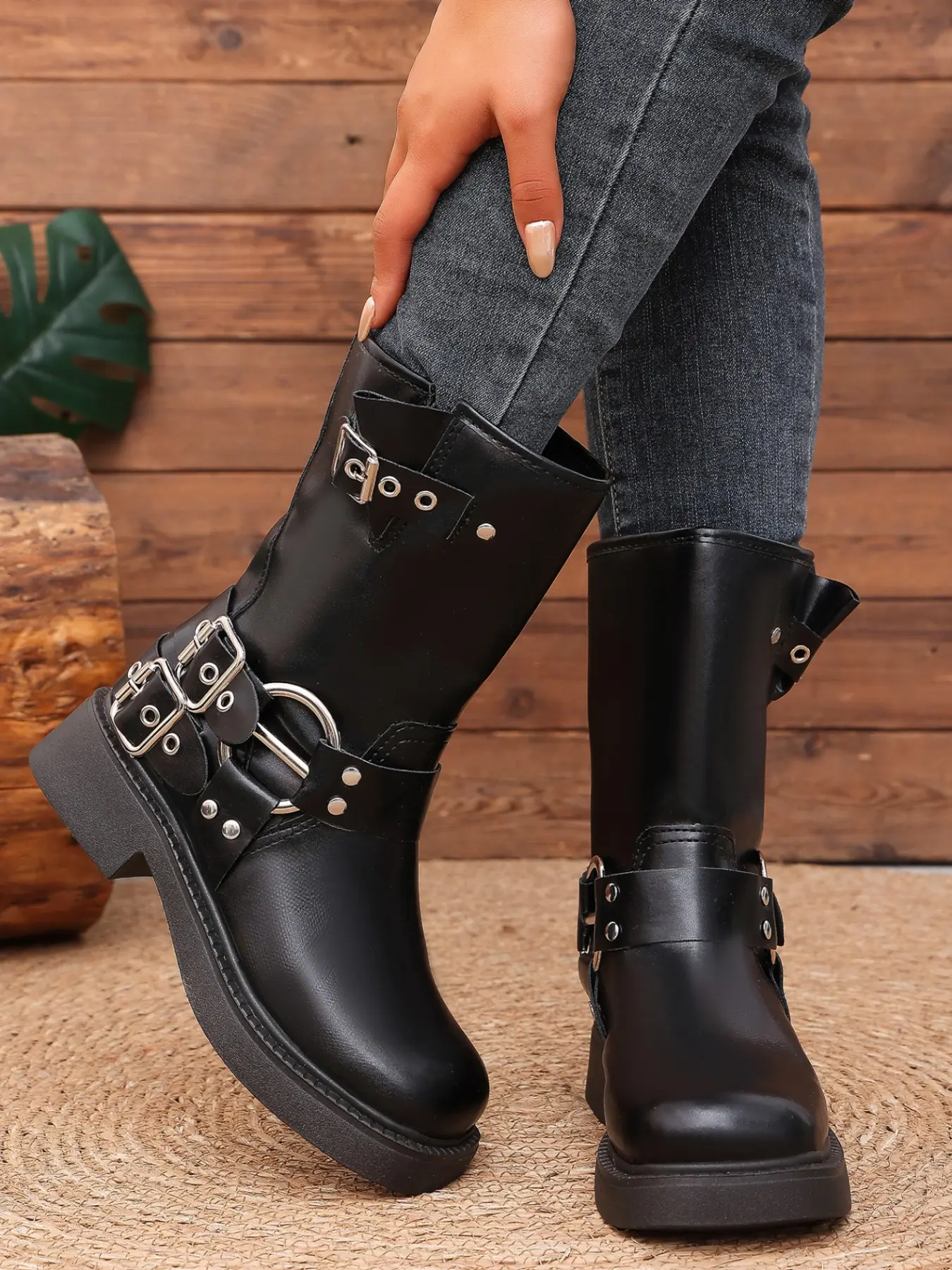 American Style Workwear Multi-Buckle Knight Short Boots, Large Round Buckle Distressed Leather Thick Heel Slim Fit Mid-Calf Boots